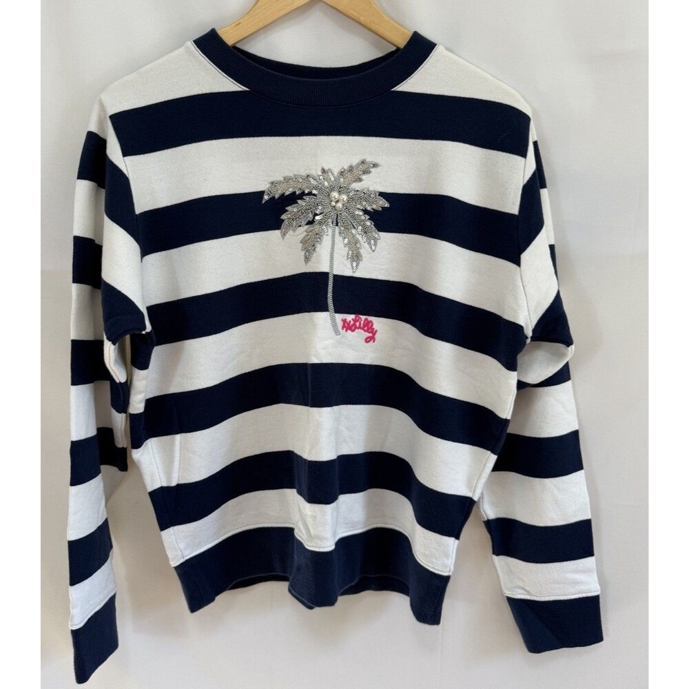Lilly Pulitzer-Striped Sweatshirt XS Sequined Palm Tree Beachy Preppy Nautical